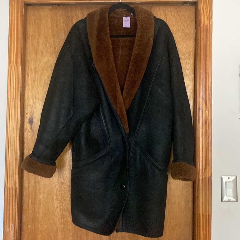 Vintage Black + Brown Leather Shearling Coat